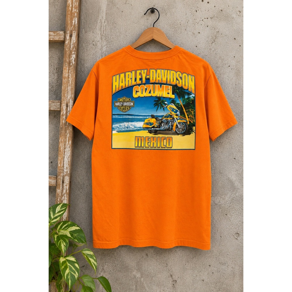 Vintage Harley Davidson Cozumel Orange TShirt L Motorcycle Bikercore Bright Y2K